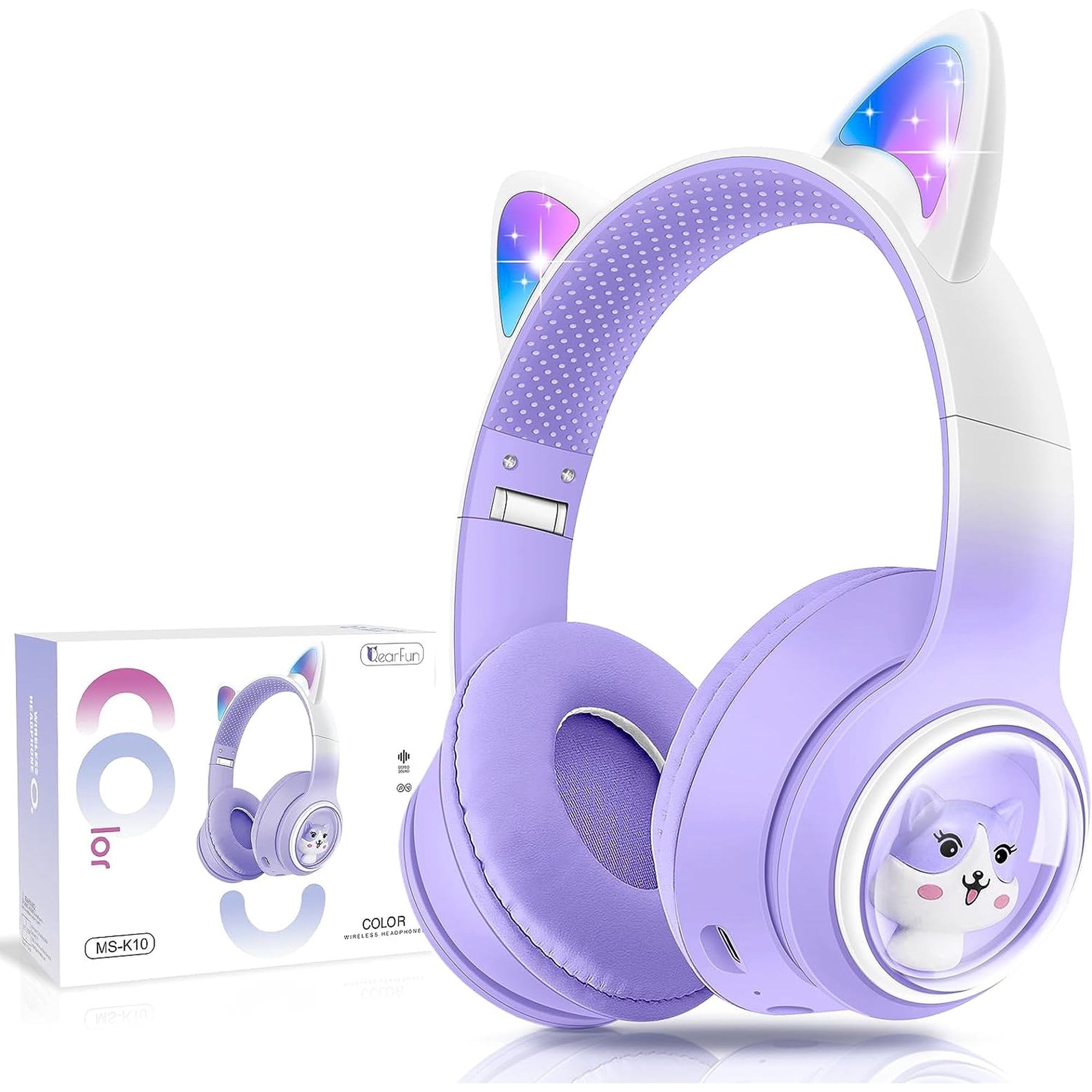 Kids Wireless Headphones Cat Ear Headphones with LED Lights for Kids Teens Adults Girls Women Bluetooth Headphones Foldable with Microphone for Phone/Tablet/Laptop Girl s Birthday Christmas Gifts