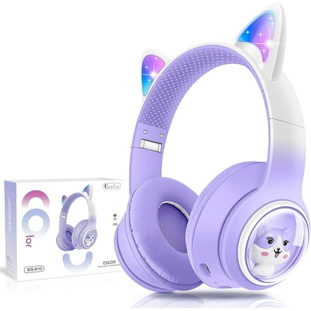 QearFun Cat Kids Headphones for Girls for School, Kids Bluetooth Headphones with Microphone & 3.5mm Jack, Teens Toddlers Wireless Headphones with Adjustable Headband for Tablet/PC Christmas Gift