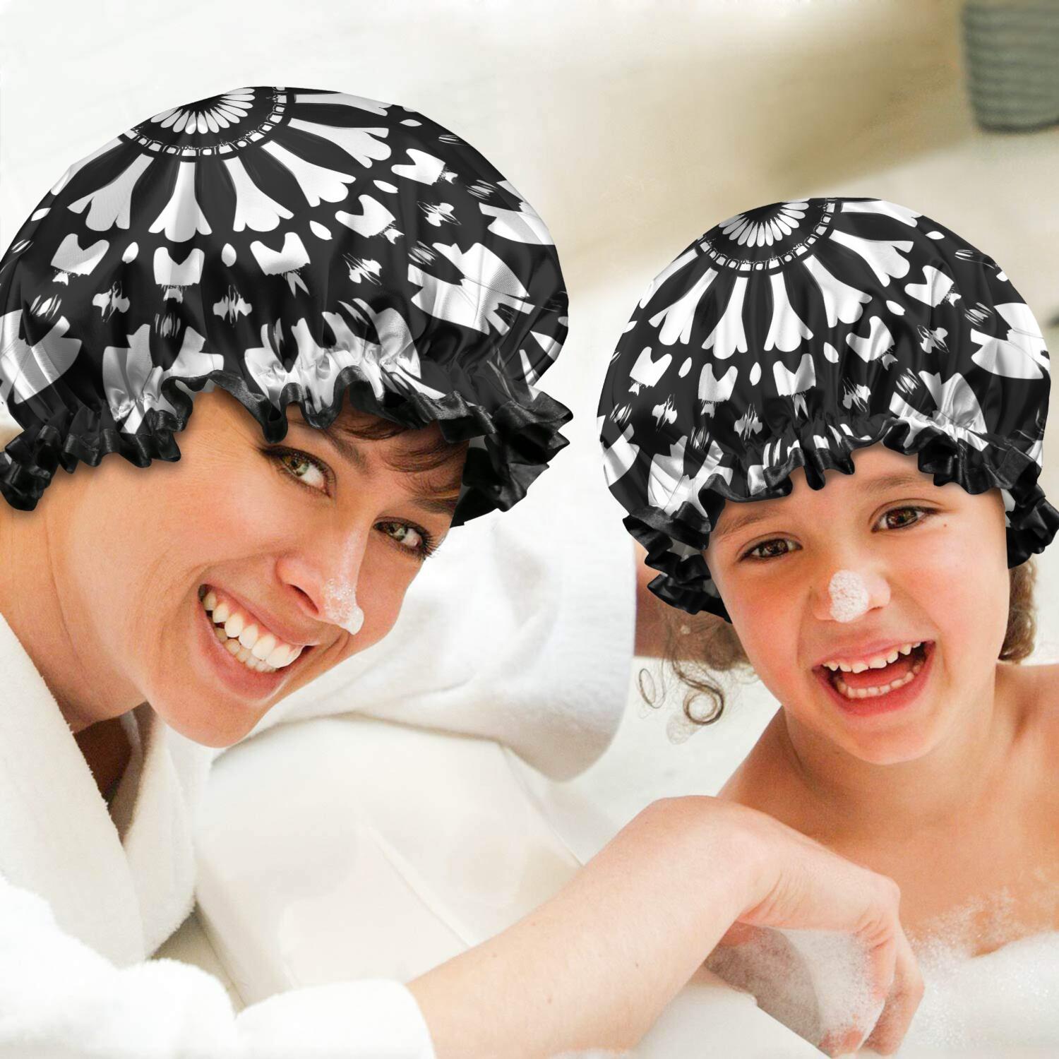 Shower Caps,Black White Tie Dye Mandala Pattern Waterproof Shower Cap for Women 4 Pieces,Double Reusable Hair Cover for Shower PEVA Elastic Stretch Hem