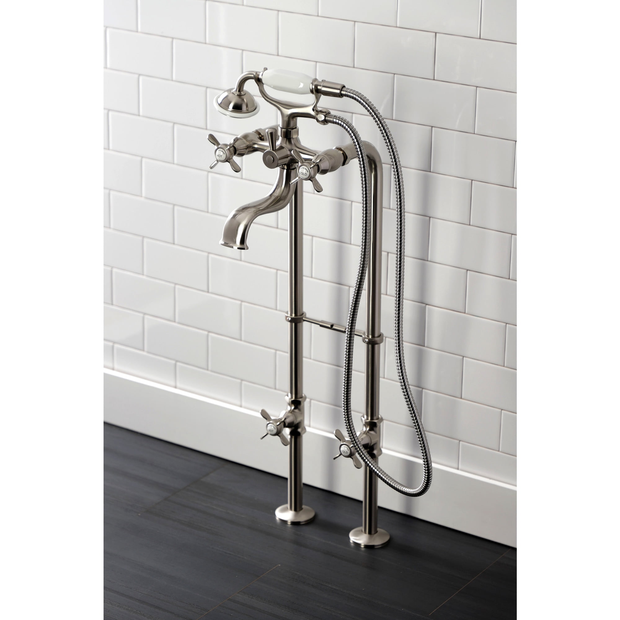 Kingston Brass CCK246K8 Essex Freestanding Clawfoot Tub Faucet Package with Supply Line, Brushed Nickel