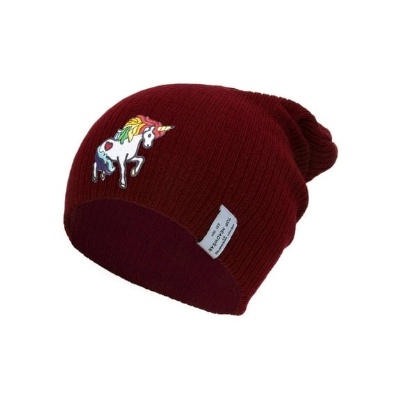 Rainbow Unicorn Long Rib Beanie - Burgundy