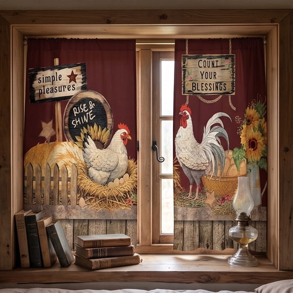 Farm Rooster Sunflower Kitchen Curtains Rod‑Pocket Country Curtains Rustic Farmhouse Window Drapes For Small Window Kitchen Bathroom Home