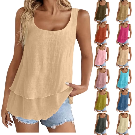 Admvng Women's Tank Tops Double Layer Sleeveless Round Neck Cotton Linen Casual Flowy Summer Blouses