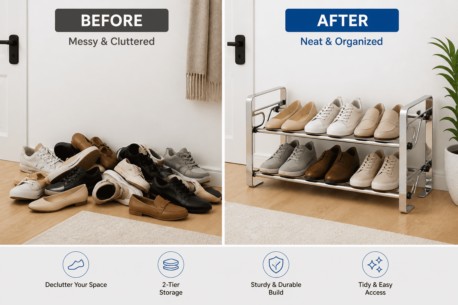 2-Tier Long Shoe Rack for Closet & Bedroom, Easy To Assemble Wide Sturdy Metal Shoe Storage Shelf, Free Standing Shoe Organizer for Entryway, Zapatera para Closet, Shoe Storage Organizer for Shoes