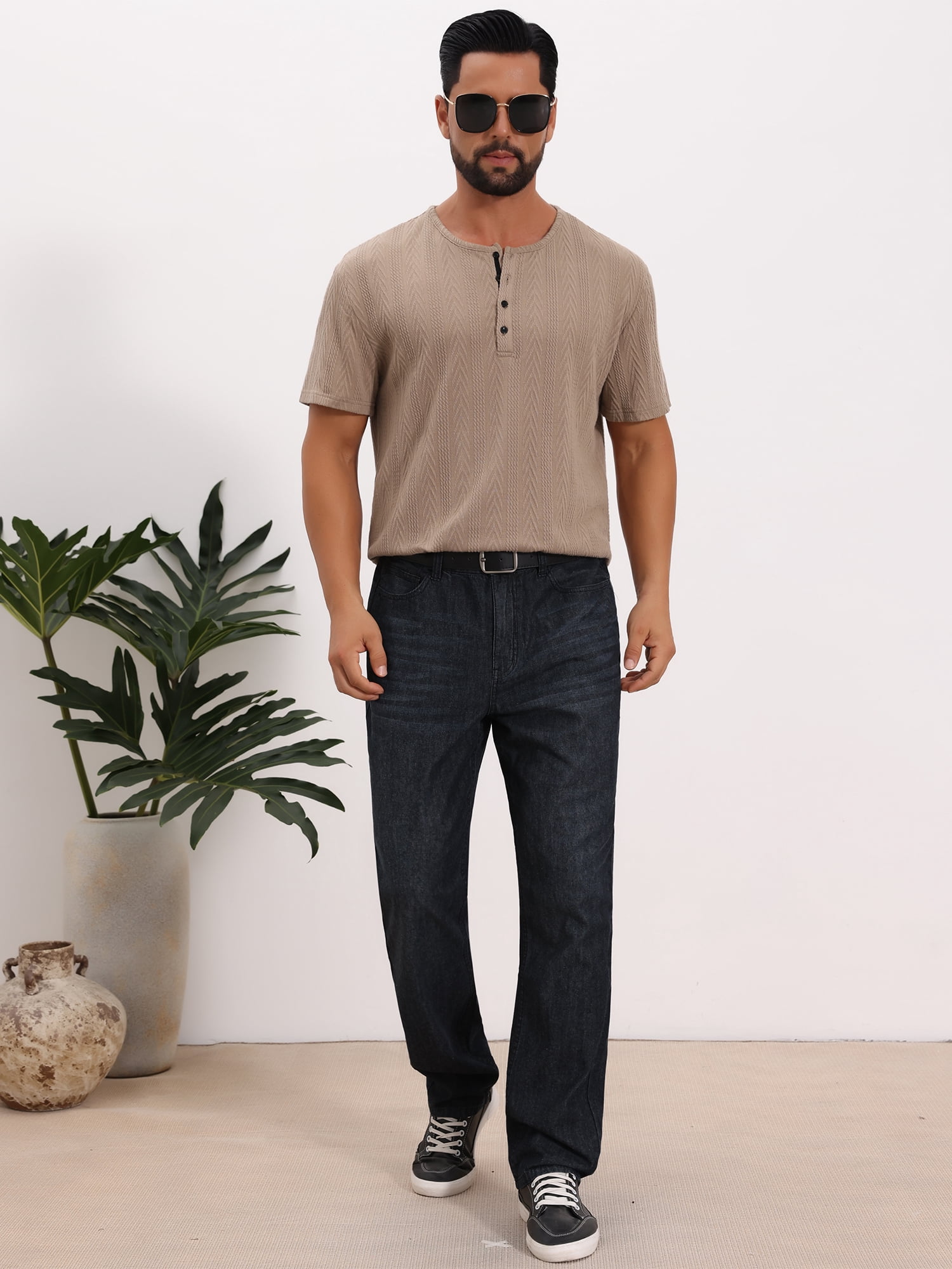DARING DIVA Men's Henley Short Sleeve Button Down Jacquard Knitted T-Shirt S Khaki