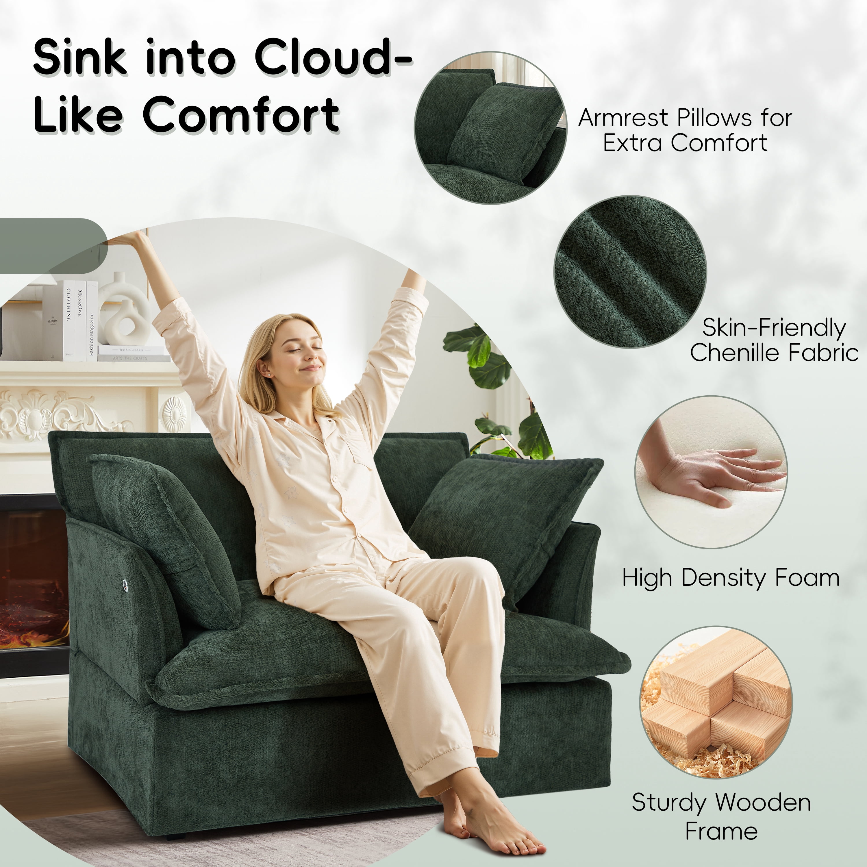 Accent Chair, Armchair, Single Sofa, Oversized Chenille Chair with 2 Pillows and Deep Seat for Living Room, Green