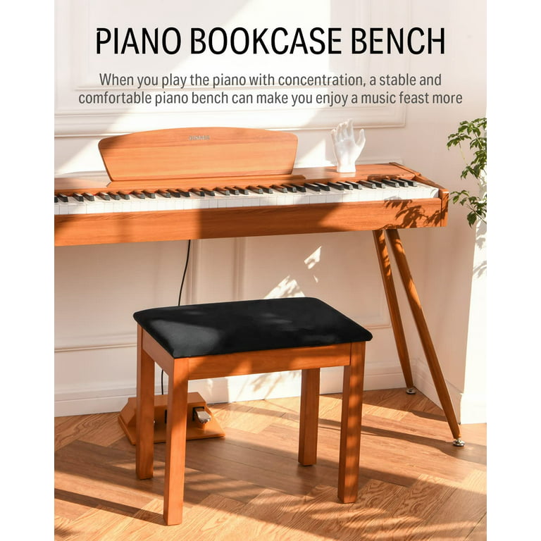 Donner Piano Bench with Storage, Solid Wood Keyboard Bench Piano Bookcase  Stool Chair Seat with High-Density Suede Cushion, Wood Finish Color