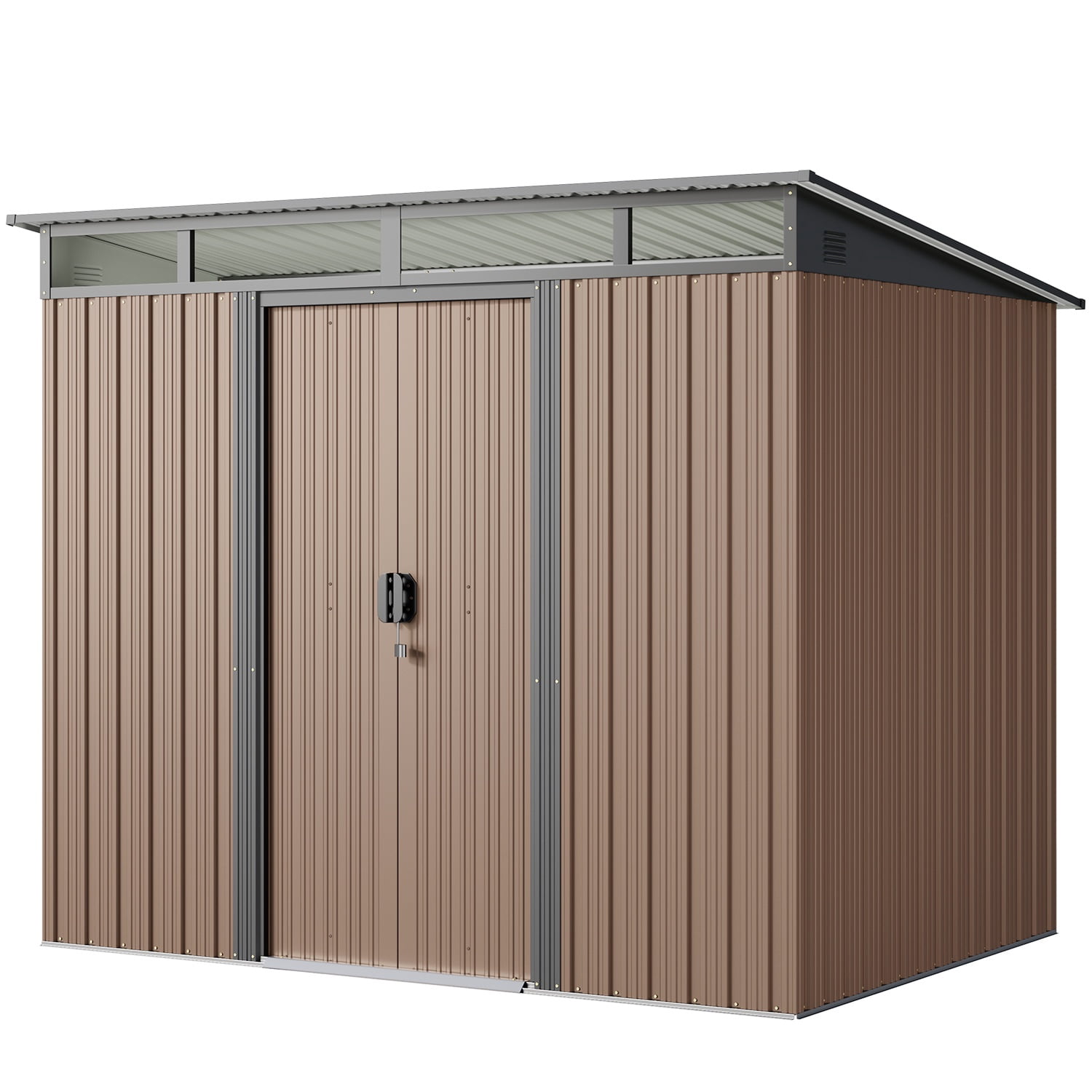 Lofka 10' x 10' ft. Outdoor Storage Shed with Sliding Doors, Metal Garden Shed with Transparent Panel Windows for Storing Lawn Mower, Electric Drill, Brown
