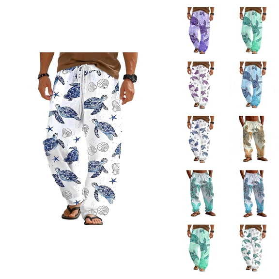 Beach Pants for Men Sea Turtle Print Loose Fit Elastic Waist Wide Straight Leg Cotton Linen Casual Pants with Pockets