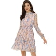 thumbnail image 1 of Vestido de gasa de manga larga con dobladillo con volantes y cuello alzado floral para mujer Rosa L, 1 of 5