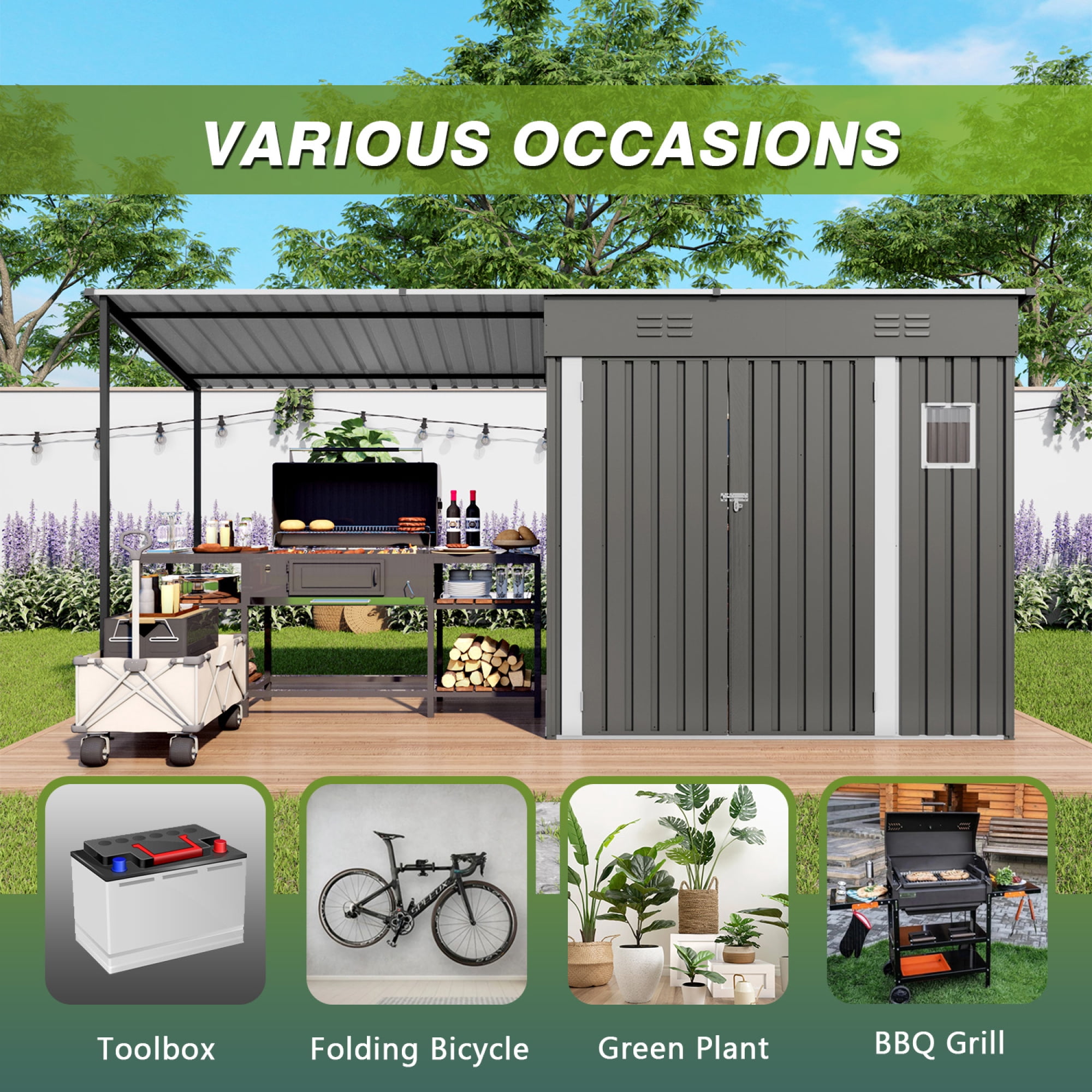 Leumius 12x4Ft Metal Lean to Shed with Open-Sided Pergola, 2-in-1 Sheds & Outdoor Storage tool Shed with Window for Patio Backyard Garden