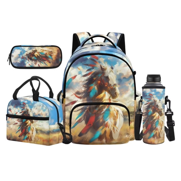 Yuyamidu Horse Kids School Backpack Set 4Pcs for Boys Girls Ages 7-12 Elementary Middle School Bookbag with Lunch Bag Pencil Case Water Bottle Bag Travel