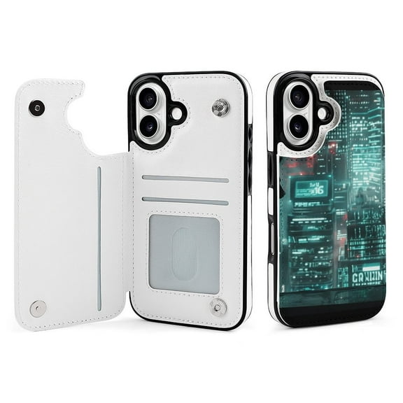 Compatible with iPhone 11 12 13 mini 14 15 16 Pro Max Plus Wallet Case with Card Holder, PU Leather Kickstand Card Slots Case ( Neon City Cat, iPhone 16)