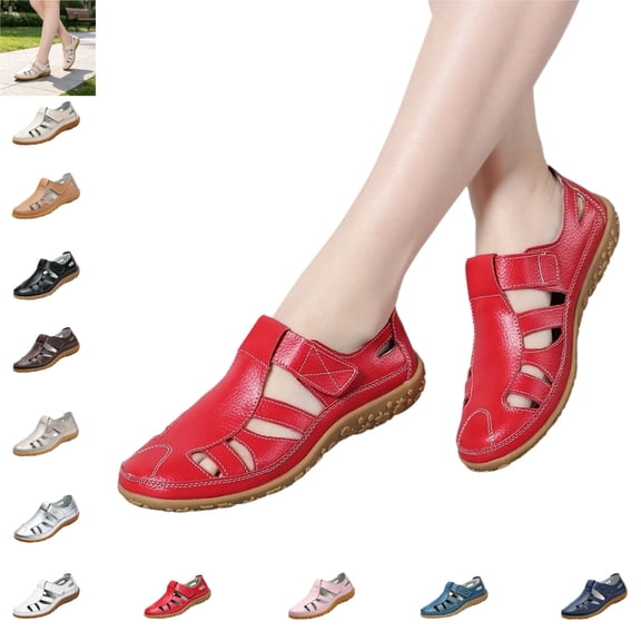 YOUYEDIAN Sandals for Women Fashion Breathable Cut-Out Versatile Round Toe Hook-and-Loop Flats Casual Non Slip Walking Shoes