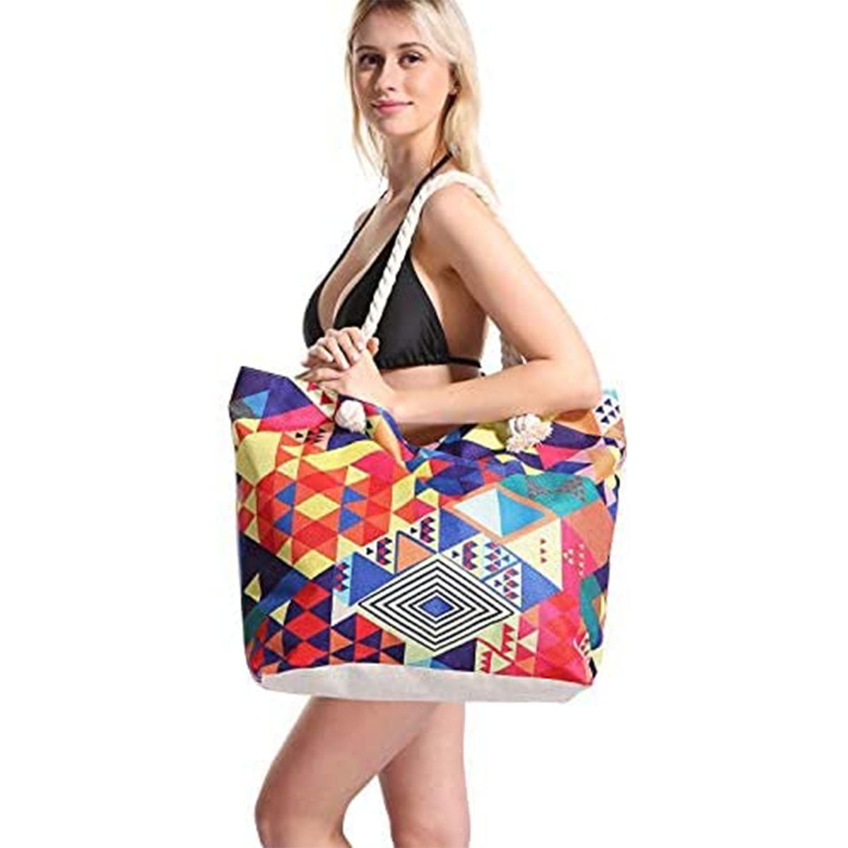 Women Large Beach Tote Bag with Zipper Inner Pockets Extra Big Utility Striped Black and White Canvas Shoulder Rope Handles Waterproof Swim Pool Gym Picnic Travel Holiday Weekender Fashion Accessories 