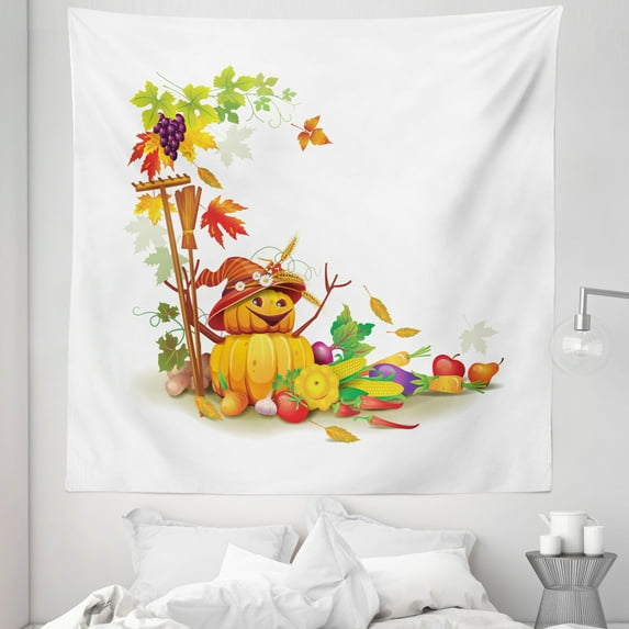 Thanksgiving Tapestry, Autumn Harvest Theme with Various Foods from Country Garden Agriculture, Fabric Wall Hanging Decor for Bedroom Living Room Dorm, 5 Sizes, Multicolor, by Ambesonne