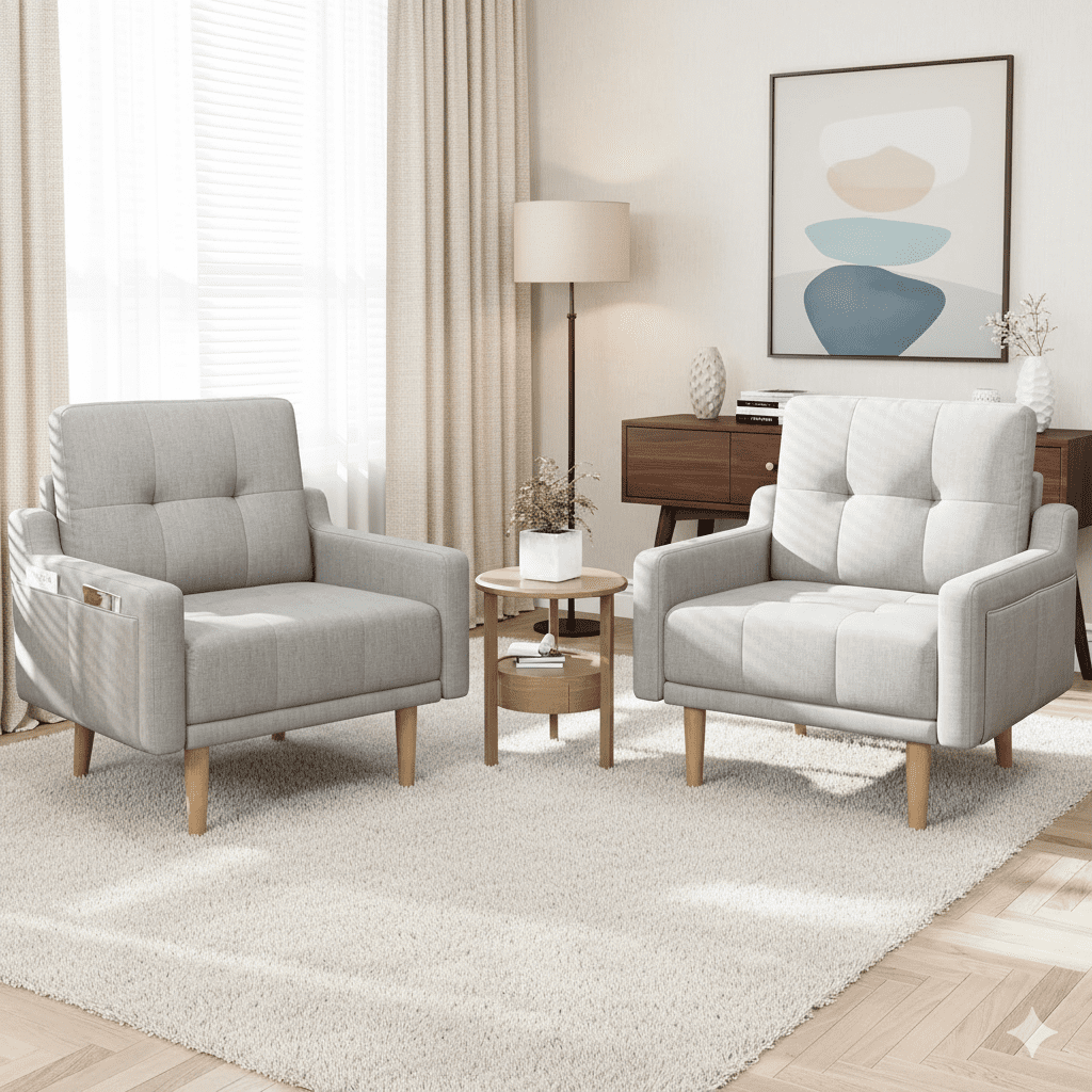 Mid Century Modern Accent Chair Reading Chair with Wood Legs, Upholstered Armchair Fabric Single Sofa Chair for Living Room & Bedroom (Light Gray)