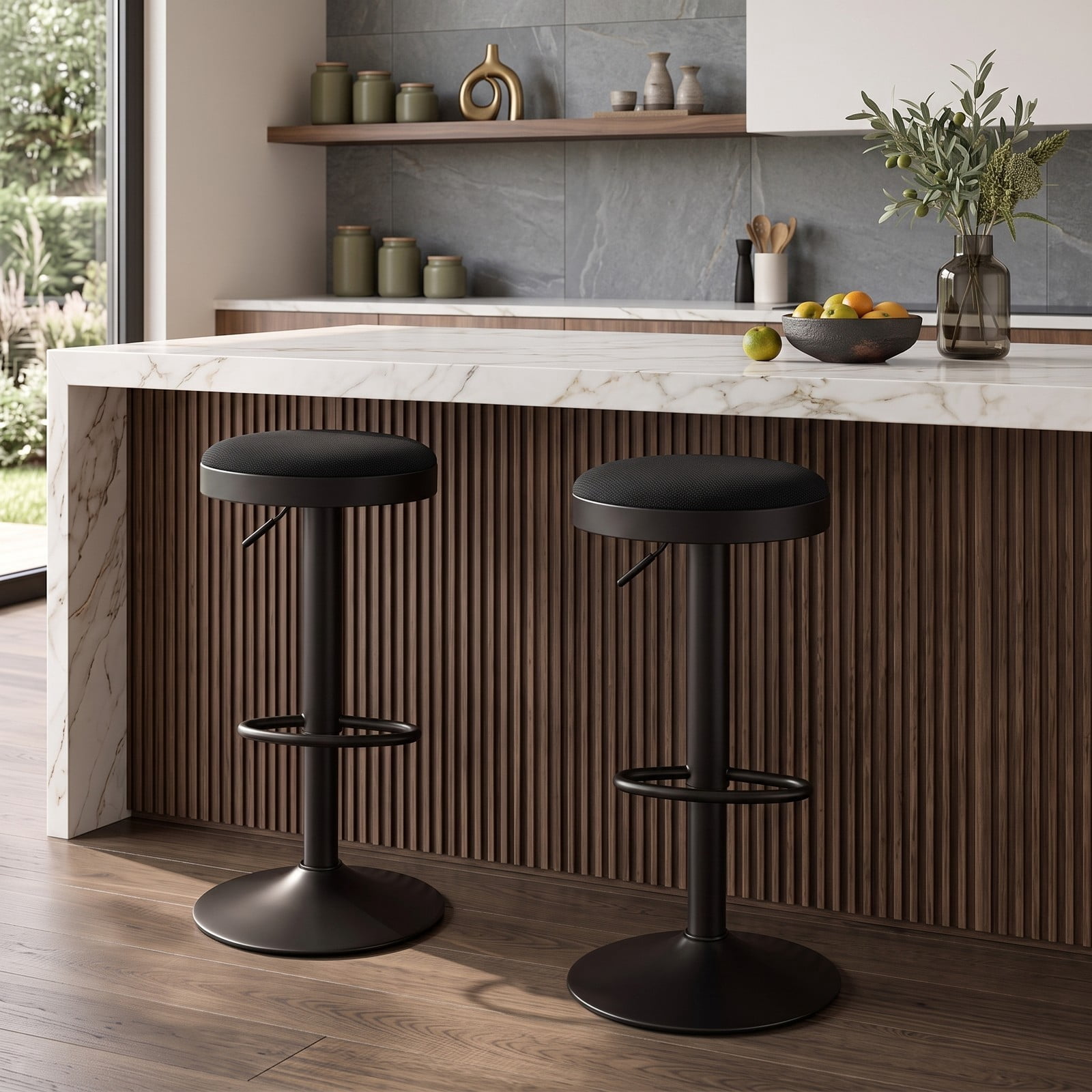 Furnibear Set of 2 Adjustable Bar Stools, 360 Swivel Kitchen Counter Height Stools with Padded Fabric Seat, D-Shaped Footrest and Non-Slip Base, 330 lb Capacity, Black