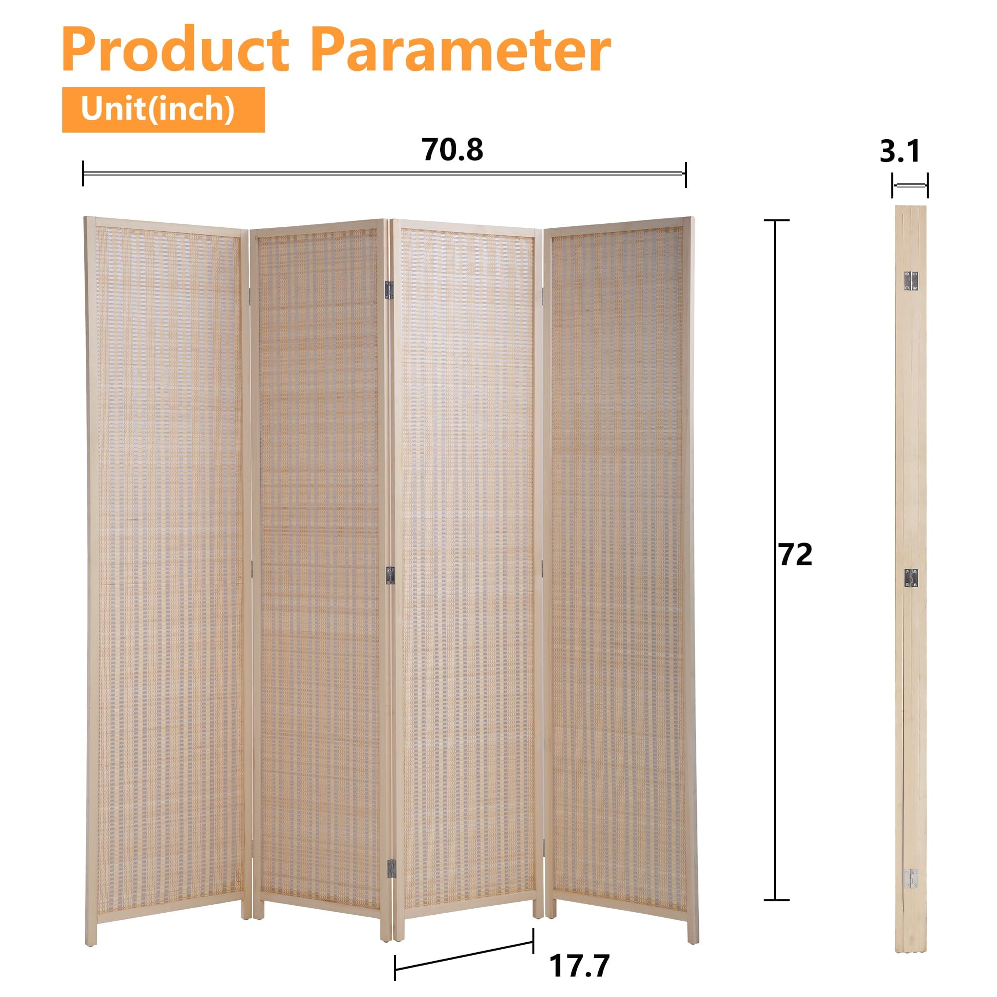 YRLLENSDAN Tall Room Dividers and Folding Privacy Screens, Wall Divider for Room Separation, Bamboo Wood Room Partition with 4 Panels Freestanding Indoor, Beige