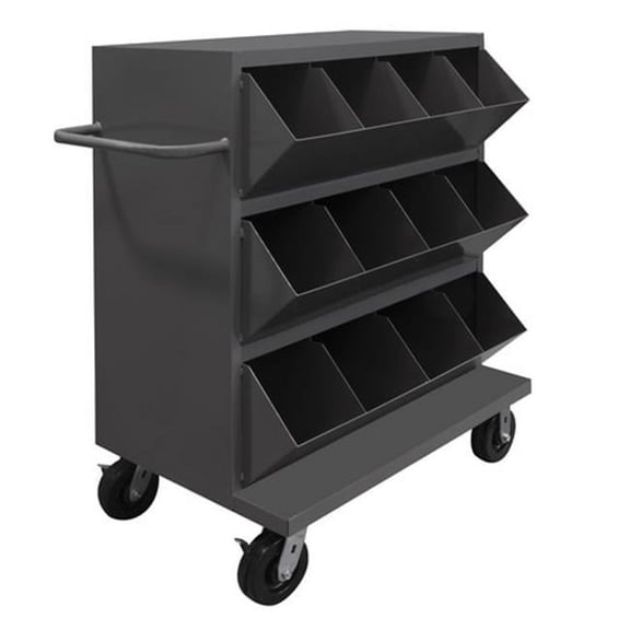 Durham MSB12-2036-95 14 Gauge 12 Opening Mobile Storage Bin with 1 Top Shelf & Tubular Push Handled, Gray - 36 in.