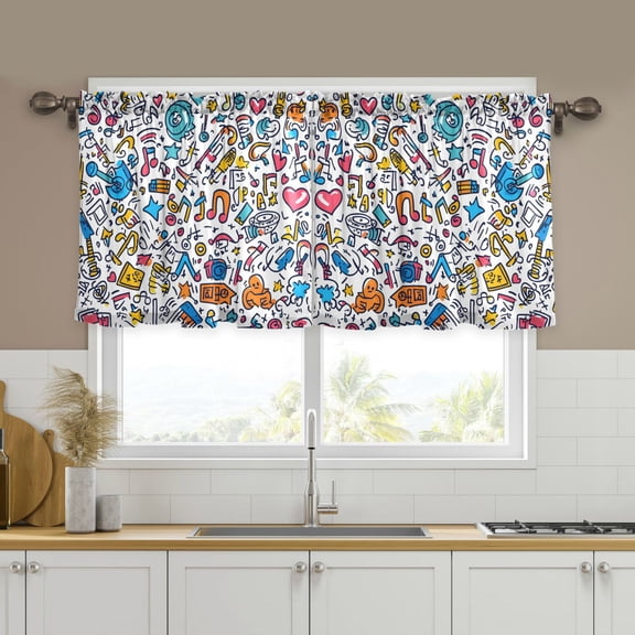 Yayeee Kitchen Curtains Tier Set of 2 Light Filtering 57"x24" Over Sink Window Panels, Doodle Pattern