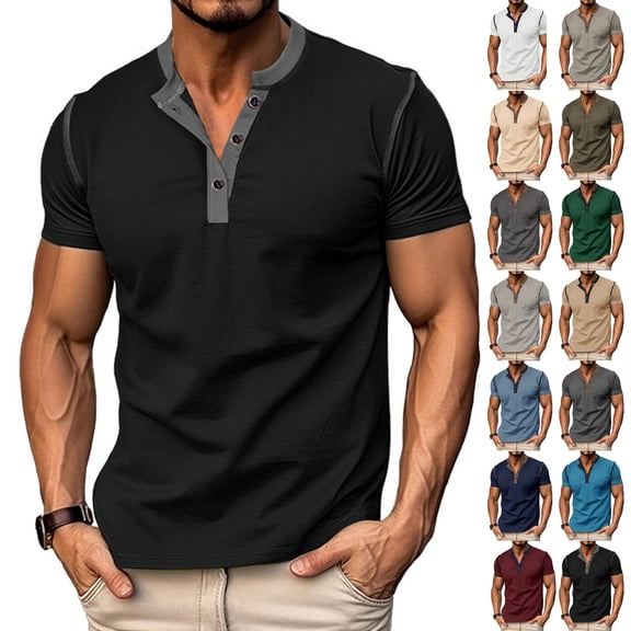 Muscle Slim Henley Shirts Mens Crewneck Longline T-Shirt Gym Workout Athletic Shirt Tees with Button Black M