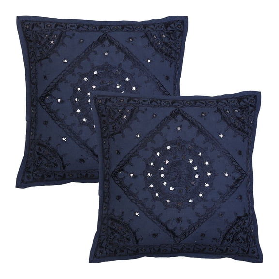 Stylo Culture Ethnic Settee Sofa Throw Pillow Covers 16x16 Hand Embroidered Dark Blue Boho 40cm x 40cm Home Decor Cotton Mirrored Square Cushion Covers | Set Of 2