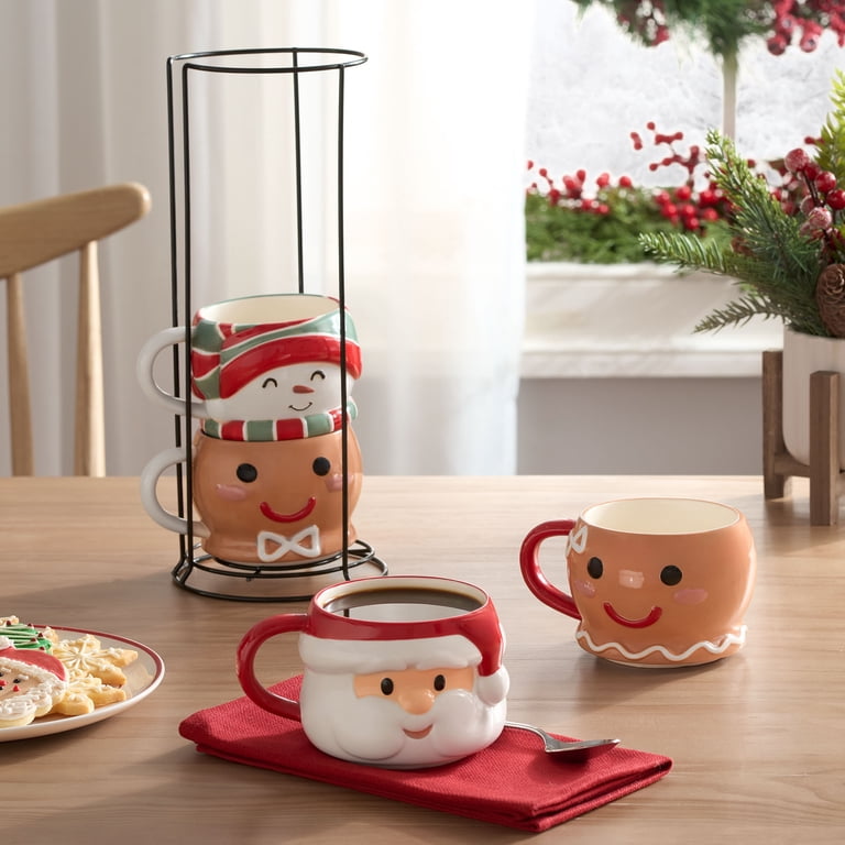 Holiday Time 12oz Holiday Characters Glazed Stoneware Ceramic Stacking Mug  Set with Metal Rack