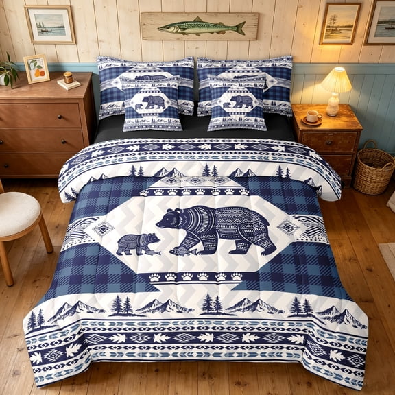 Manfei Woodland Bear Twin Bedding, Cottage Animals Bedding Comforter Set, Tan Blue, Black Reversible, 7 Pieces
