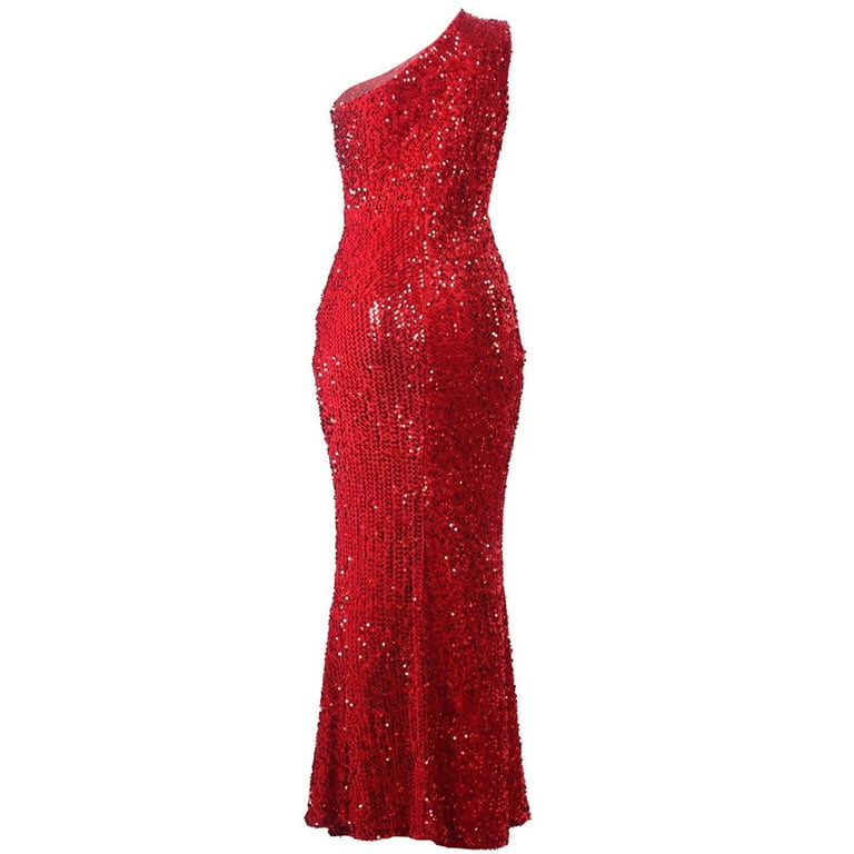 Yinguo Women Dress Party Dress Evening Sequins Gown Side Slit Sleeveless  Prom Dress Red M 