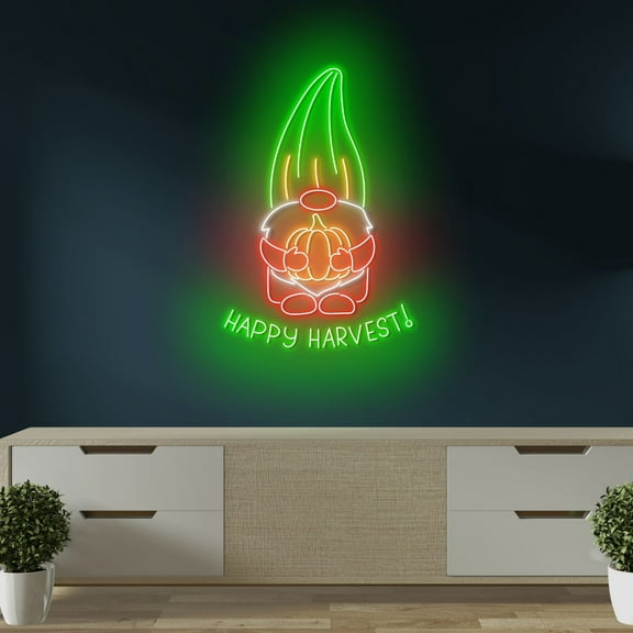 Craftnamesign Happy Harvest Neon Light Sign, Gnome Led Sign, Pumpkin Fall Wall Art
