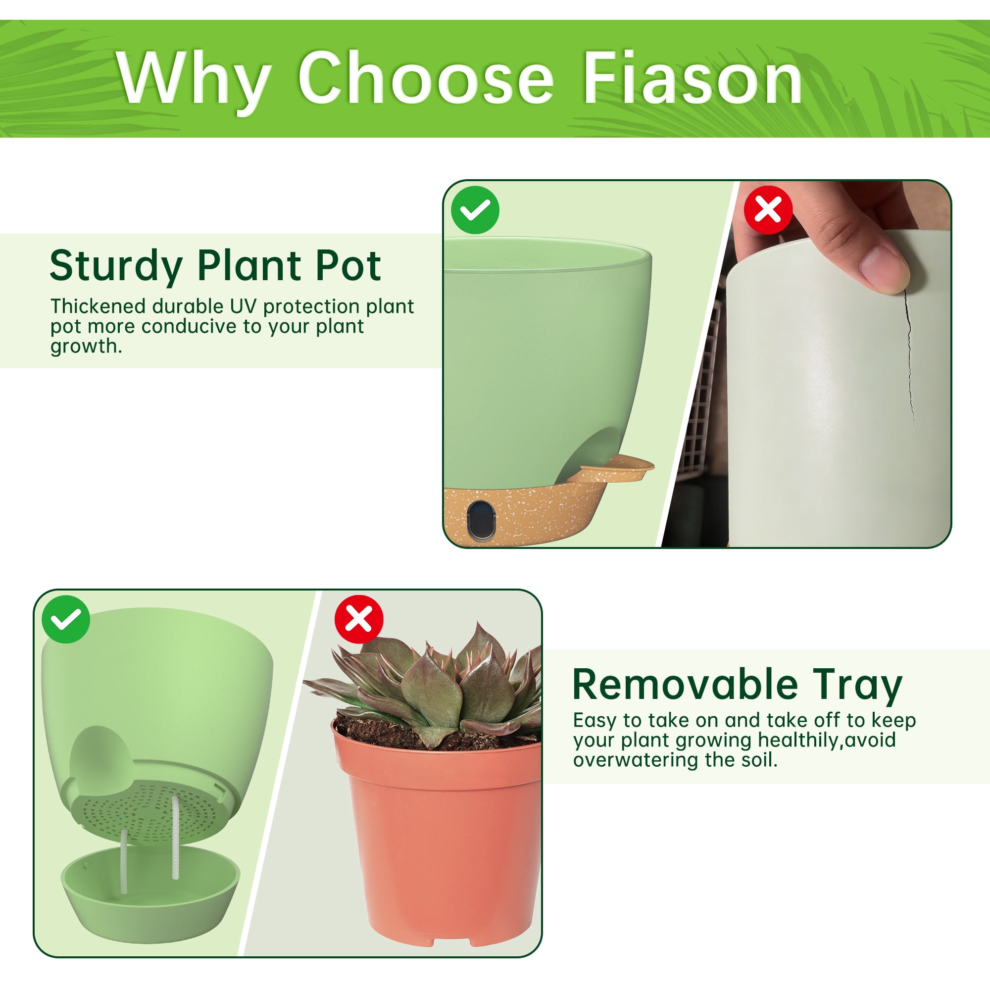 FIASON 6 Pack Plastic 5/5.5/6/6.5/7/8 Inch Green with Brown Self Watering Plant Pots,Include Watering Lip,Drainage Holes & Removable Saucer for Indoor Outdoor Garden House Plants