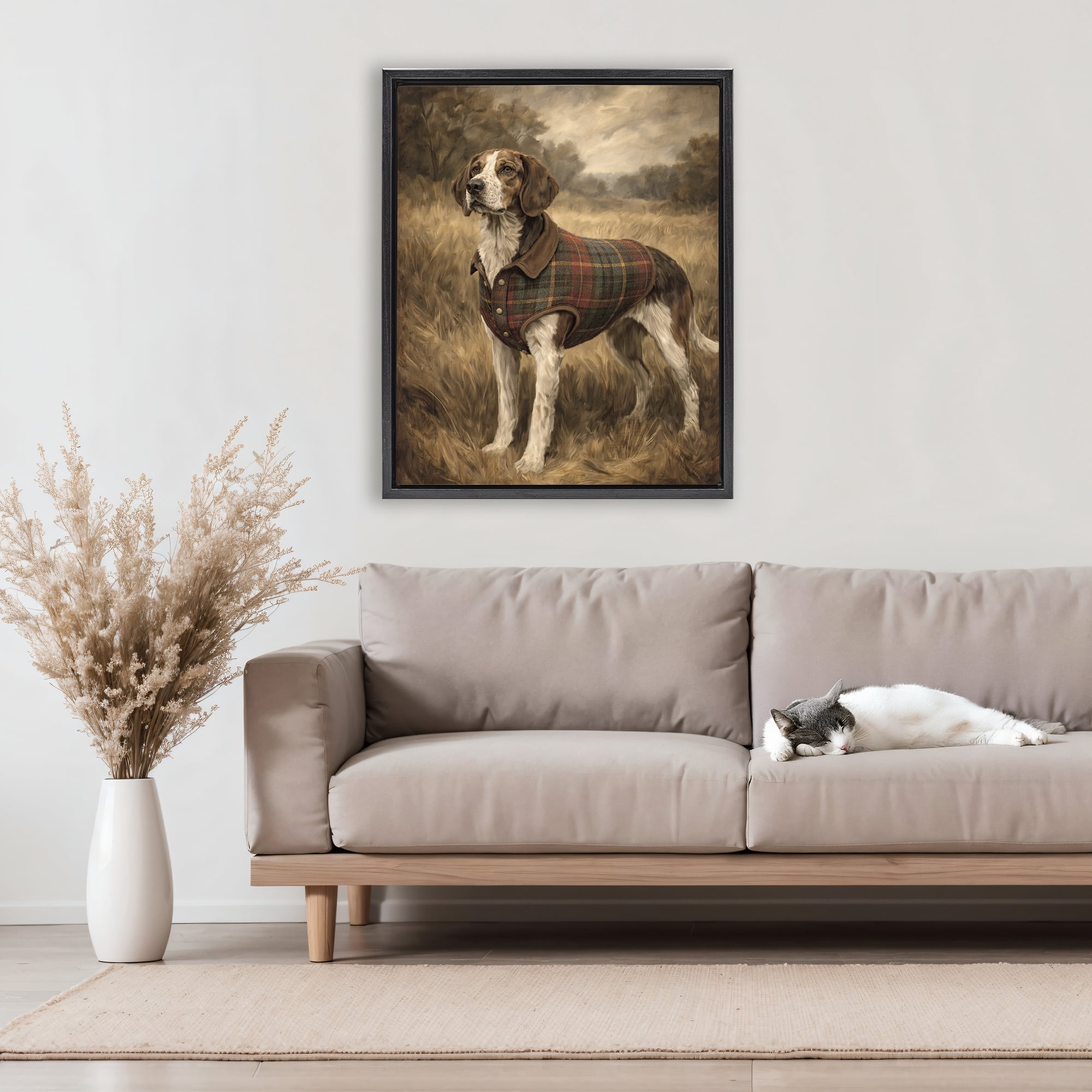 Stupell Industries Hunting Days Plaid Jacket Hound Black Framed Floater Canvas Wall Art, design by Kim Allen