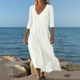 thumbnail image 7 of Mohiass Cotton Linen Dresses for Women 2025 Summer Casual V Neck 3/4 Sleeve Maxi Dress Flowy Beach Vacation Travel Dress White 2XL, 7 of 7