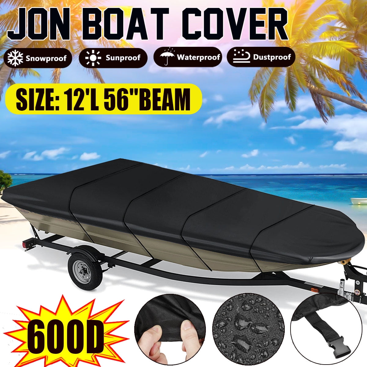 Marine Grade Heavy Duty 600D Jon Boat Covers, Fits 12ft length, Beam