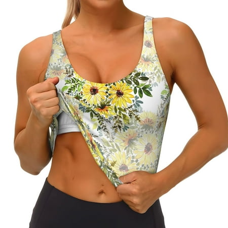 Qokaie Daisies And Wildflowers Pattern Womens Scoop Neck Sports Bra Breathable Workout Vest Padded U Back Medium Impact Fitness Gym Yoga Bra Workout Crop Top