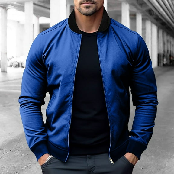 WAENQINLA Bomber Jacket Men Winter Causal Lightweight Zip Up Cropped Jackets Solid Long Sleeve Windbreaker Coat Jacket with Pockets Fashion Spring Fall Clothes