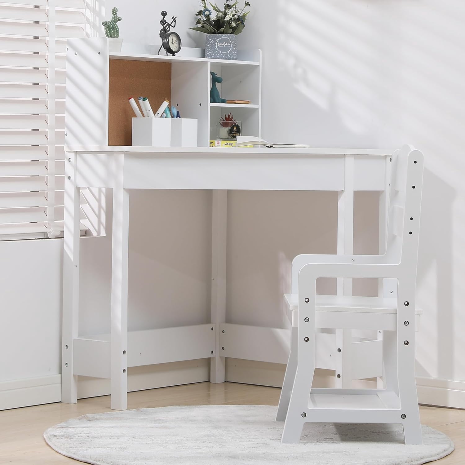 EastVita Kids Study Desk and Chair Set, White Corner Table with Adjustable Chair, Hutch, Cork Bulletic Board, Pen Holders