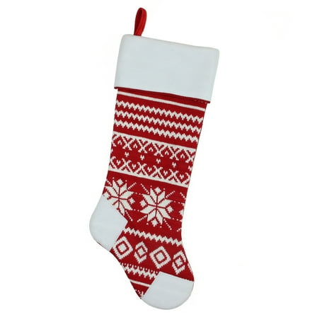 21.5" Alpine Chic Red and White Knitted Snowflake Christmas Stocking with White Fleece Cuff
