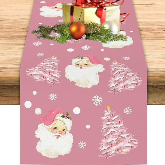 Christmas Table Runner Santa Claus Christmas Tree Snowflake Pink Table Runners Seasonal Winter Xmas Holiday Table Cloth Decorations for Home Dining Room Party Decor 13.8x71 Inch