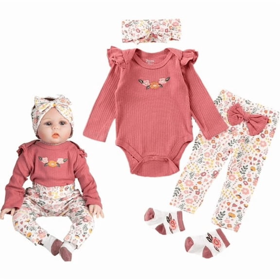 Reborn Dolls Baby Clothes Pink Outfits Fit 20''-22'' Reborn Baby Dolls Toddler Girl 4 Pieces Doll Clothing Set