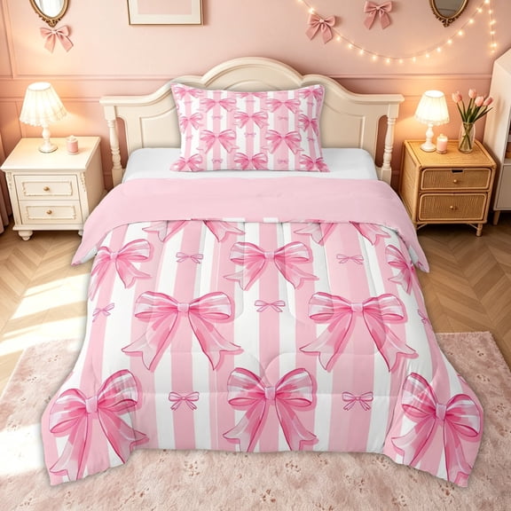 meiyoeat Watercolor Bow Stripe Twin Comforter Sets for Kids Girls, Girly Pink Ribbon Bedding Set, Pink Reversible, 2pcs