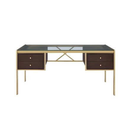 ACME Yumia Writing Desk in Goldtone with Glass Top