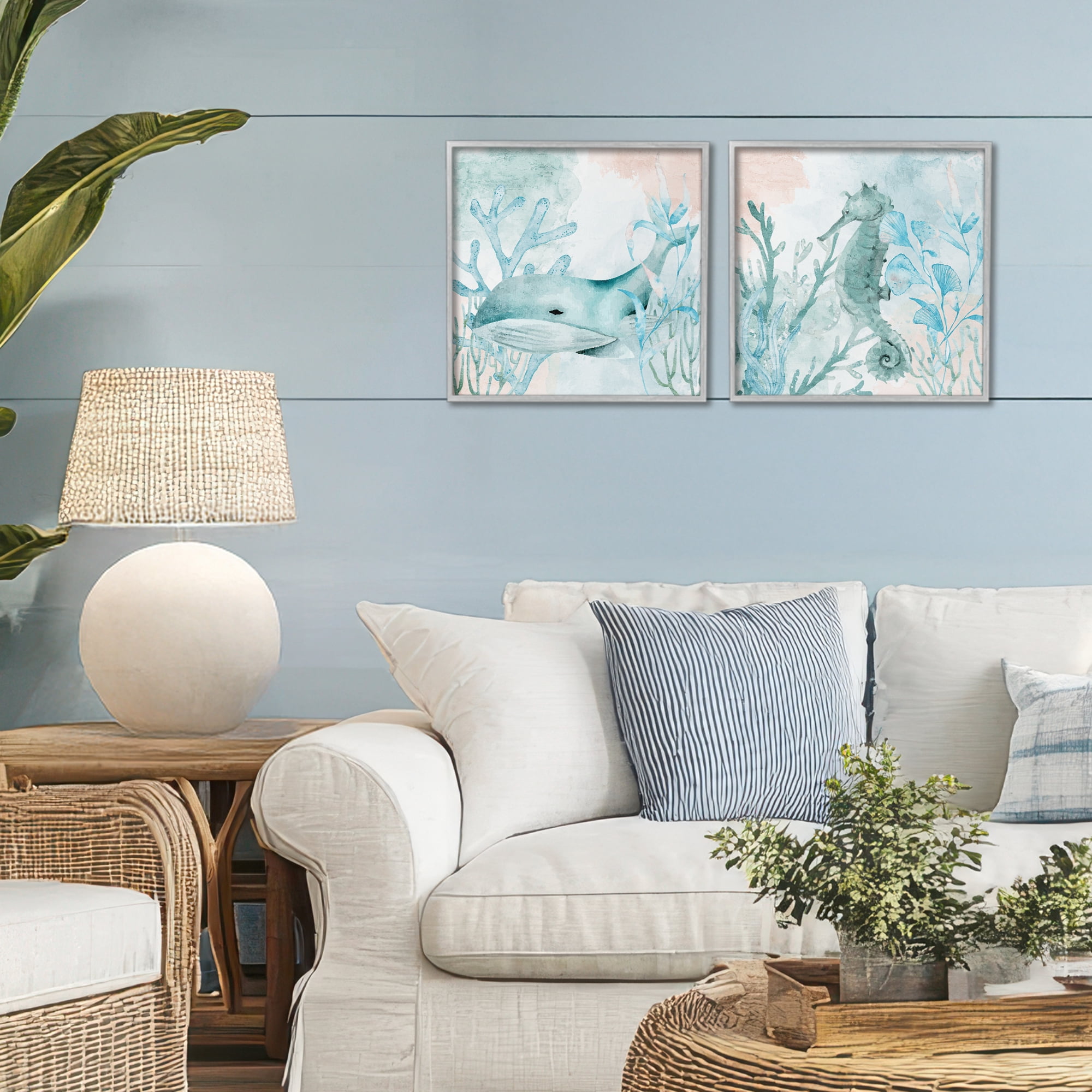 Stupell Industries Whale & Seahorse Sea Swim 2 Piece Gray Framed Giclee Art Set, design by Kim Allen
