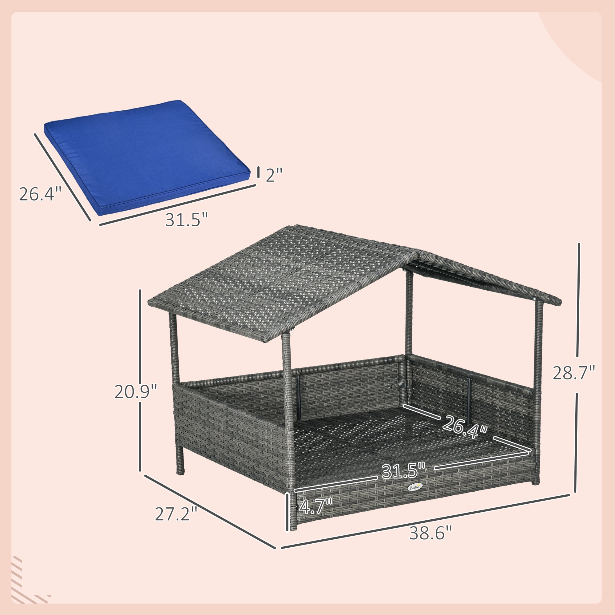 PawHut Wicker Dog House Elevated Raised Rattan Bed for Indoor/Outdoor with Removable Cushion Lounge, Navy Blue