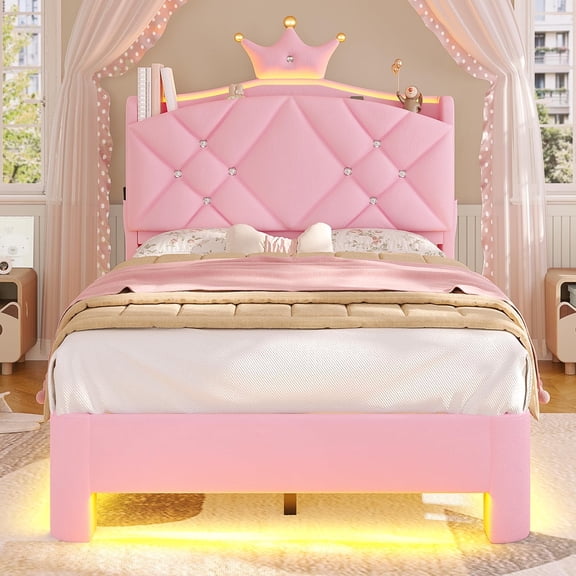 Torveric Twin Size Bed Frame with Headboard, Upholster Platform Bed Frames with LED Lights, Princess Crown Furniture Pink Bedroom Furniture