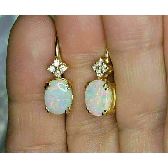 4Ct Oval Cut Fire Opal & Diamond Drop & Dangle Earrings 14k Yellow Gold Finish