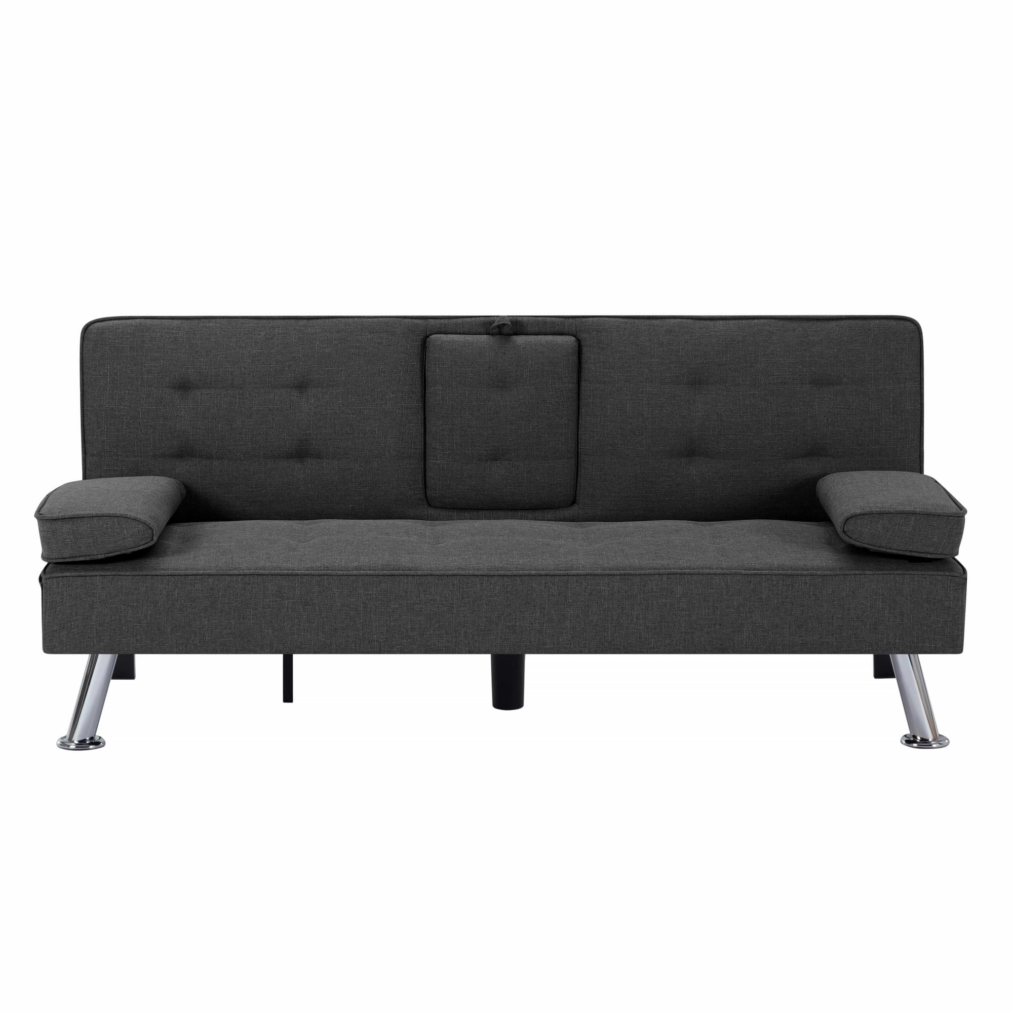 BSHTI Futon Convertible Sleeper Sofa Bed,With 3-Position Adjustable Backrest,Upholstered in Polyester Fabric,a Side Storage Pocket,Twin-Size Sleeper Sofa,Dark Gray