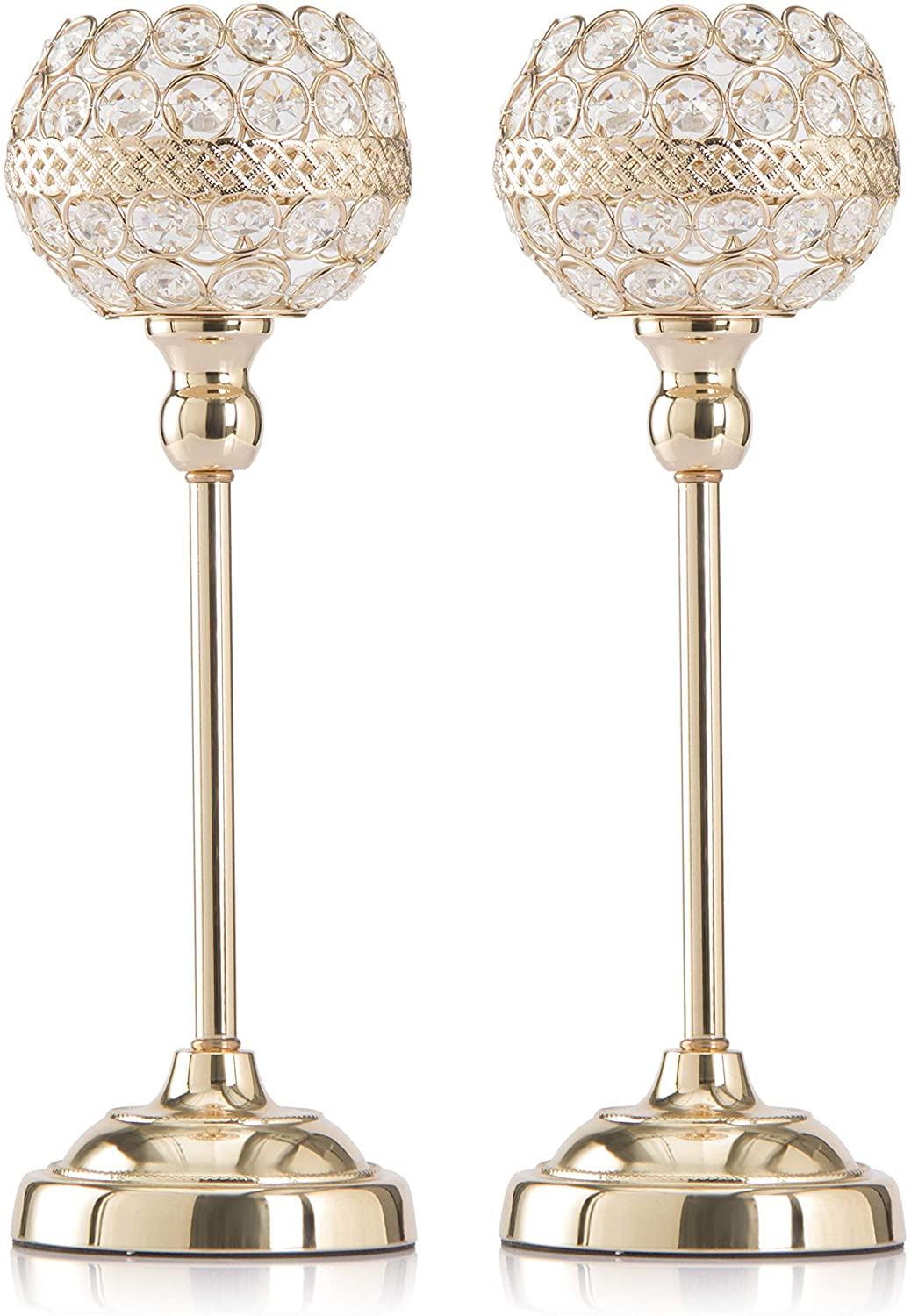 Gold Crystal Candle Holders Set of 2, Dining Table Tall Taper Tealight Candlestick Home