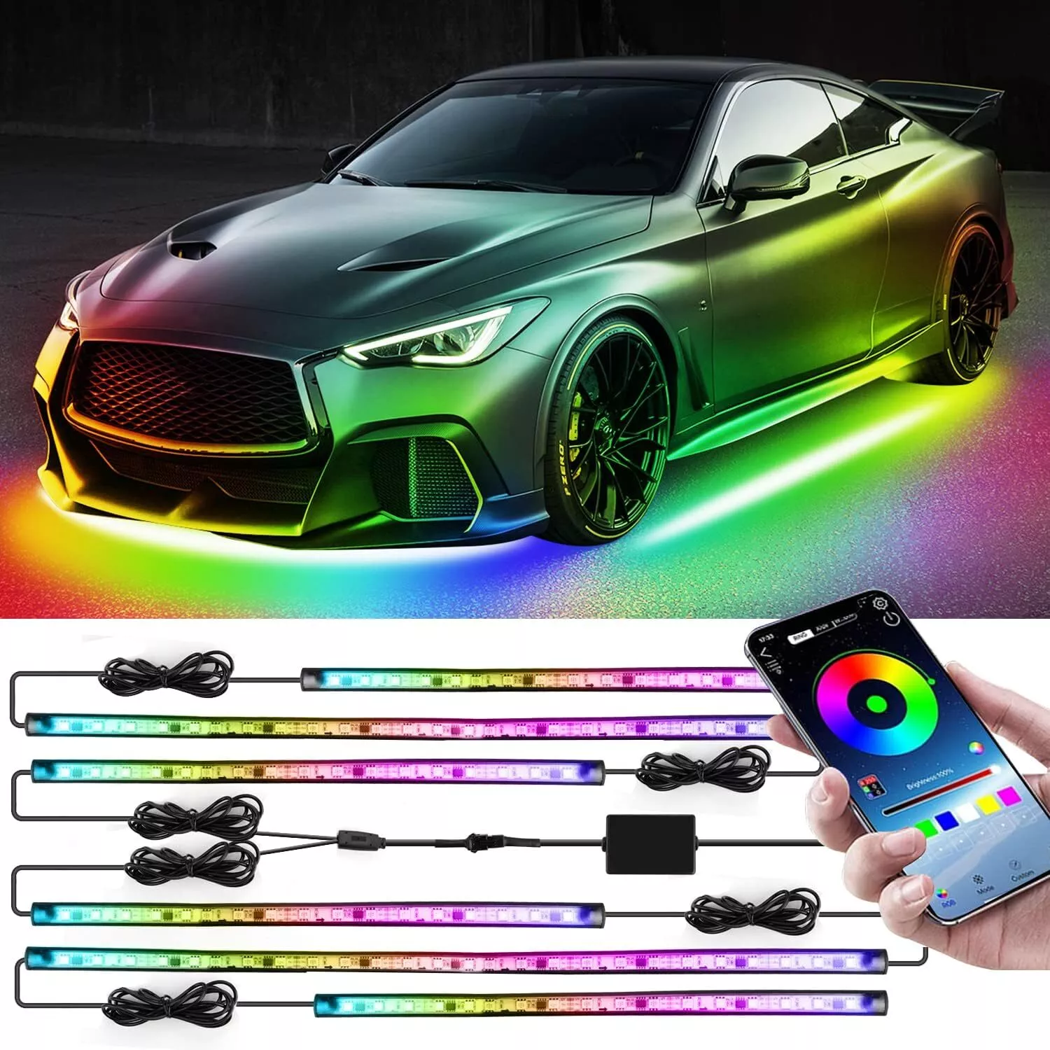 6Pc Car RGB LED Underglow Light Smart Neon Accent Strips Kit Dream Color Chasing